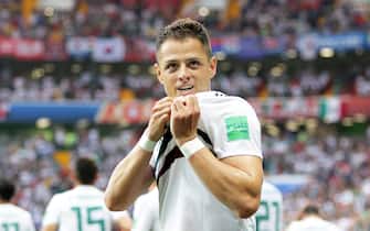 epa06834006 Javier Hernandez of Mexico celebrates after scoring the 2-0 lead during the FIFA World Cup 2018 group F preliminary round soccer match between South Korea and Mexico in Rostov-On-Don, Russia, 23 June 2018.(RESTRICTIONS APPLY: Editorial Use Only, not used in association with any commercial entity - Images must not be used in any form of alert service or push service of any kind including via mobile alert services, downloads to mobile devices or MMS messaging - Images must appear as still images and must not emulate match action video footage - No alteration is made to, and no text or image is superimposed over, any published image which: (a) intentionally obscures or removes a sponsor identification image; or (b) adds or overlays the commercial identification of any third party which is not officially associated with the FIFA World Cup)  EPA/KHALED ELFIQI   EDITORIAL USE ONLY