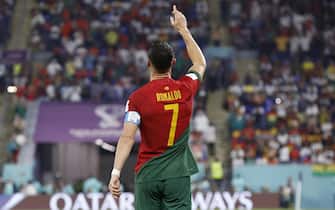 epa10325558 Cristiano Ronaldo of Portugal celebrates scoring the 1-0 by penalty during the FIFA World Cup 2022 group H soccer match between Portugal and Ghana at Stadium 947 in Doha, Qatar, 24 November 2022.  EPA/Rolex dela Pena