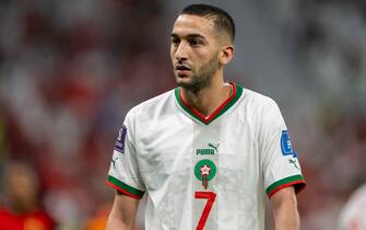 DOHA, CA - 27.11.2022: BELGIUM VS MOROCCO - Hakim Ziyech of Morocco during the match between Belgium and Morocco, valid for the group stage of the World Cup, held at Al Thumama Stadium in Doha, Qatar. (Photo: Richard Callis/Fotoarena/Sipa USA)