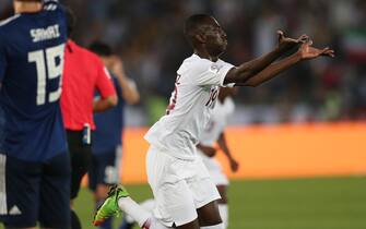 epa07336222 Almoez Ali of Qatar celebrates after scoring the 1-0 lead during the 2019 AFC Asian Cup final match between Japan and Qatar in Abu Dhabi, United Arab Emirates, 01 February 2019.  EPA/ALI HAIDER