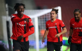 epa10241585 Rennes's Christopher Wooh celebrates after scoring a goal during the UEFA Europa League group B soccer match between Dynamo Kiev and Stade Rennais in Krakow, southern Poland, 13 October 2022.  EPA/Lukasz Gagulski POLAND OUT