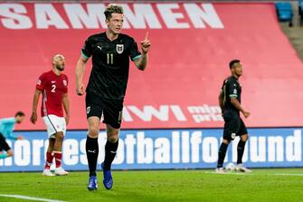 Austria's forward Michael Gregoritsch celebrates after scoring the opening during the UEFA Nations League football match between Norway and Austria in Oslo, Norway, on September 4, 2020. (Photo by Stian Lysberg Solum / NTB SCANPIX / AFP) / Norway OUT (Photo by STIAN LYSBERG SOLUM/NTB SCANPIX/AFP via Getty Images)