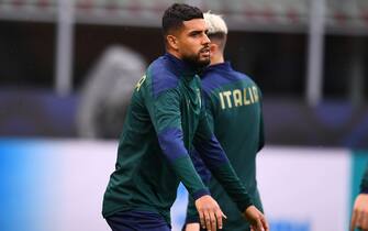 MILAN, ITALY - OCTOBER 05: Emerson Palmieri of Italy in action during training session on October 05, 2021 in Milan, Italy. (Photo by Claudio Villa/Getty Images)