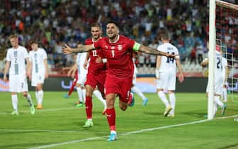 BELGRADE, SERBIA - JUNE 05: Aleksandar Mitrovic of Serbia celebrates after scoring their sides first goal during the UEFA Nations League League B Group 4 match between Serbia and Slovenia at Stadion Rajko MitiÄ  on June 05, 2022 in Belgrade, Serbia. (Photo by Srdjan Stevanovic/Getty Images)