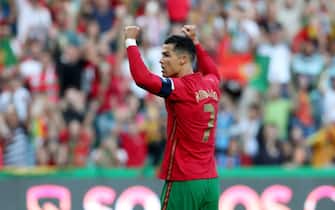 Cristiano Ronaldo of Portugal celebrates after William Carvalho scores a goal during the UEFA Nations League, league A group 2 match between Portugal and Switzerland at the Jose Alvalade stadium in Lisbon, Portugal, on June 5, 2022. (Photo by Pedro FiÃºza/NurPhoto via Getty Images)