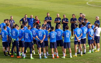 ItalyÂ´s Head Coach Roberto Mancini With The Team  during  Press conference and Italy training session, Other in Florence, Italy, September 19 2022