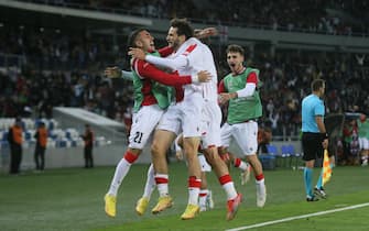 epa10201788 Players of Georgia celebrate their 1-0 lead during the UEFA Nations League soccer match between Georgia and North Macedonia in Tbilisi, Georgia, 23 September 2022.  EPA/ZURAB KURTSIKIDZE