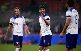 Declan Rice of England gestures to Harry Maguire during the UEFA Nations League Group C match at San Siro, MilanPicture by Paul Chesterton/Focus Images/Sipa USA 23/09/2022