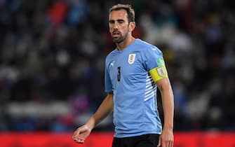 MONTEVIDEO, URUGUAY - OCTOBER 07: Diego Godin of Uruguay reacts during a match between Uruguay and Colombia as part of South American Qualifiers for Qatar 2022 at Parque Central Stadium on October 07, 2021 in Montevideo, Uruguay. (Photo by Pablo Porciuncula-Pool/Getty Images)