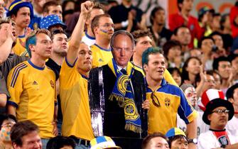 Swedish fans hold up a cardboard cut out of their fellow countryman Sven Goran Eriksson who is the England Manager  (Photo by Neal Simpson/EMPICS via Getty Images)