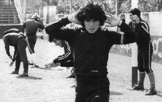 Diego Maradona, 16, warms up 12 September 1977 in Buenos Aires. Maradona was born on the 30th of October 1960 in Villa Fiorito, one the poorest suburbs of Buenos Aires. Most people consider him as the best soccerplayer ever in the history of soccer. Het started playing when he was 9 years old. His first club was Cebollitas, the youthteam of Argentinos Juniors. Because of his unknown talent he soon got the nickname ï¿½Pibe de Oroï¿½, which literally means ï¿½Golden Boyï¿½. He played through his 15th for the youthteam. On his 16th he debuted in professional football with Argentinos Juniors. And a few months later he already debuted in the national team of Argentina. AFP PHOTO (Photo credit should read -/AFP via Getty Images)