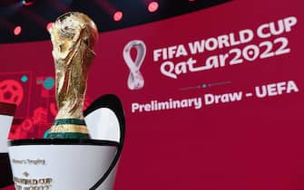 SWITZERLAND SOCCER FIFA WORLD CUP 2022 epa08868644 A handout photo made available by FIFA of the World Cup Trophy during the European qualifying draw for the FIFA World Cup Qatar 2022 in Zurich, Switzerland, 07 December 2020. EPA/Kurt Schorrer / HANDOUT HANDOUT EDITORIAL USE ONLY/NO SALES