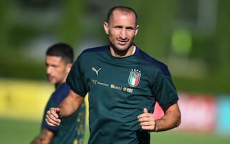 FLORENCE, ITALY - SEPTEMBER 03: Giorgio Chiellini of Italy in action during training session at Centro Tecnico Federale di Coverciano on September 03, 2021 in Florence, Italy. (Photo by Claudio Villa/Getty Images)