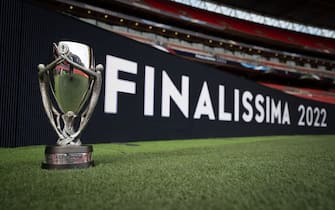 LONDON, ENGLAND - MAY 30: A view of the Finalissima trophy ahead of the Finalissima 2022 match between Italy and Argentina on June 1st at Wembley Stadium on May 30, 2022, in London, England. (Photo by Kristian Skeie - UEFA/UEFA via Getty Images)