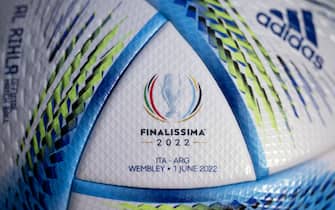 LONDON, ENGLAND - MAY 30: A view of the Finalissima 2022 match ball ahead of the Finalissima 2022 match between Italy and Argentina on June 1st at Wembley Stadium on May 30, 2022, in London, England. (Photo by Kristian Skeie - UEFA/UEFA via Getty Images)