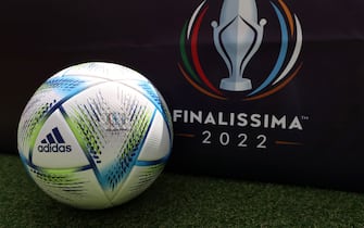 LONDON, ENGLAND - MAY 31: Detailed view of the match ball inside Wembley Stadium ahead of the Finalissima match on May 30, 2022 in London, England. (Photo by Catherine Ivill - UEFA/UEFA via Getty Images)