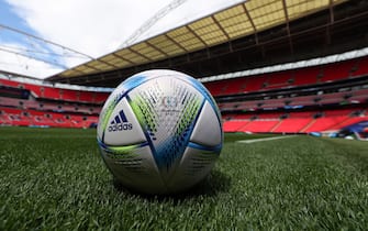 LONDON, ENGLAND - MAY 31: Detailed view of the match ball inside Wembley Stadium ahead of the Finalissima match on May 30, 2022 in London, England. (Photo by Catherine Ivill - UEFA/UEFA via Getty Images)