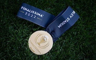 LONDON, ENGLAND - MAY 30: A detailed view of the medal ahead of the Finalissima 2022 match between Italy and Argentina on June 1st at Wembley Stadium on May 30, 2022, in London, England. (Photo by Kristian Skeie - UEFA/UEFA via Getty Images)