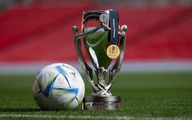 LONDON, ENGLAND - MAY 30: A view of the Finalissima trophy and match ball ahead of the Finalissima 2022 match between Italy and Argentina on June 1st at Wembley Stadium on May 30, 2022, in London, England. (Photo by Kristian Skeie - UEFA/UEFA via Getty Images)