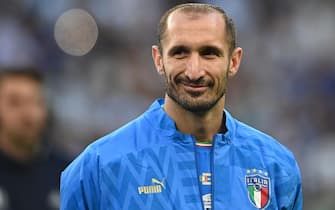 epa09990343 Giorgio Chiellini of Italy smiles ahead the Finalissima Conmebol - UEFA Cup of Champions soccer match between Italy and Argentina at Wembley in London, Britain, 01 June 2022.  EPA/ANDY RAIN