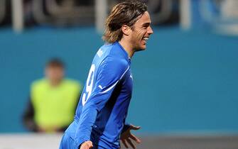 Alessandro Matri of Italy reacts after scoring against Ukraine during their friendly football match in Kiev on March 29, 2011. Italy won 2-0.  AFP PHOTO / SERGEI SUPINSKY (Photo credit should read SERGEI SUPINSKY/AFP via Getty Images)