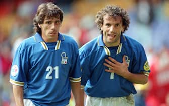 11 June 1996 - Euro 96 - Group Stage - Italy v Russia - Gianfrano Zola and Roberto Donadoni of Italy. -    (Photo by Mark Leech/Offside via Getty Images)
