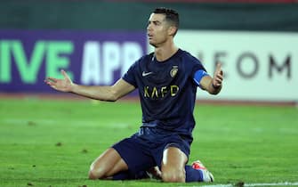 epa10870235 Cristiano Ronaldo of Al-Nassr reacts during the AFC Champions League group E soccer match between Persepolis and Al-Nassr, in Tehran, Iran, 19 September 2023.  EPA/ABEDIN TAHERKENAREH