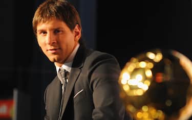 Barcelona's Argentinian forward Lionel Messi receiving the European footballer of the year award, the 'Ballon d'Or' (Golden ball) in Boulogne-Billancourt, near Paris, France on December 6, 2009. Photo by Pierre Tremoussa/ABACAPRESS.COM