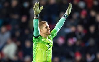 Wigan Athletic goalkeeper Ben Amos celebrates after Stephen Humphrys scores their sides first goal during the Sky Bet League 1 match at the New York Stadium, Rotherham
Picture by Matt Wilkinson/Focus Images/Sipa USA 
18/02/2022