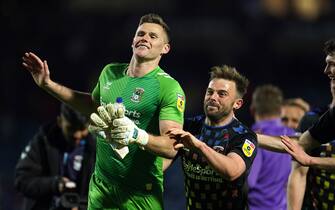 Coventry City goalkeeper Ben Wilson celebrates following the Sky Bet Championship match at Ewood Park, Blackburn. Picture date: Wednesday April 19, 2023.