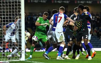 Coventry City goalkeeper Ben Wilson scores their side's first goal of the game during the Sky Bet Championship match at Ewood Park, Blackburn. Picture date: Wednesday April 19, 2023.