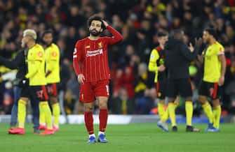 WATFORD, ENGLAND - FEBRUARY 29: Mohamed Salah of Liverpool looks dejected following the Premier League match between Watford FC and Liverpool FC at Vicarage Road on February 29, 2020 in Watford, United Kingdom. (Photo by Julian Finney/Getty Images)