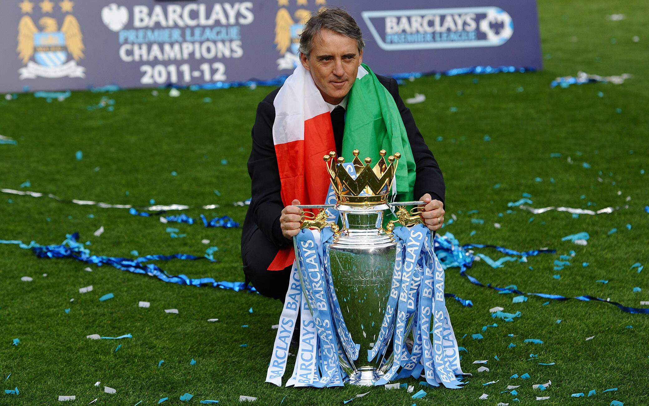 Roberto Mancini festeggia il titolo in Premier nel 2012
