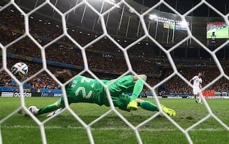 SALVADOR, BRAZIL - JULY 05:  Goalkeeper Tim Krul of the Netherlands saves the penalty shot of Bryan Ruiz of Costa Rica in a shootout during the 2014 FIFA World Cup Brazil Quarter Final match between the Netherlands and Costa Rica at Arena Fonte Nova on July 5, 2014 in Salvador, Brazil.  (Photo by Michael Steele/Getty Images)