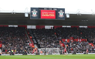 SOUTHAMPTON, ENGLAND - MARCH 07: A message in regards to the Covid-19 virus is displayed on a LED screen inside the stadium during the Premier League match between Southampton FC and Newcastle United at St Mary's Stadium on March 07, 2020 in Southampton, United Kingdom. (Photo by Charlie Crowhurst/Getty Images)