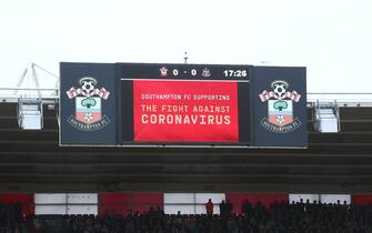 SOUTHAMPTON, ENGLAND - MARCH 07: A message in regards to the Covid-19 virus is displayed on a LED screen inside the stadium during the Premier League match between Southampton FC and Newcastle United at St Mary's Stadium on March 07, 2020 in Southampton, United Kingdom. (Photo by Charlie Crowhurst/Getty Images)