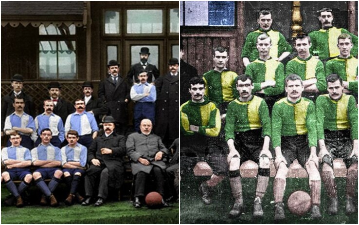 Le formazioni della prima sfida fra Liverpool (sinistra) e Newton Heath (poi Man Utd, destra) Le formazioni della prima sfida fra Liverpool (sinistra) e Newton Heath (poi Man Utd, destra)