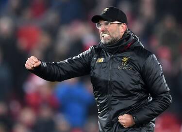 LIVERPOOL, ENGLAND - JANUARY 19: Jurgen Klopp of Liverpool celebrates victory during the Premier League match between Liverpool FC and Crystal Palace at Anfield on January 19, 2019 in Liverpool, United Kingdom. (Photo by Laurence Griffiths/Getty Images)