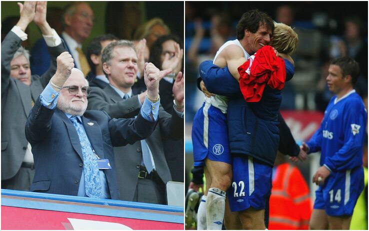 11 maggio 2003: Zola e Gudjohnsen festeggiano la vittoria col Liverpool e la qualificazione in Champions; Ken Bates (a sinistra) festeggia anche altro...
