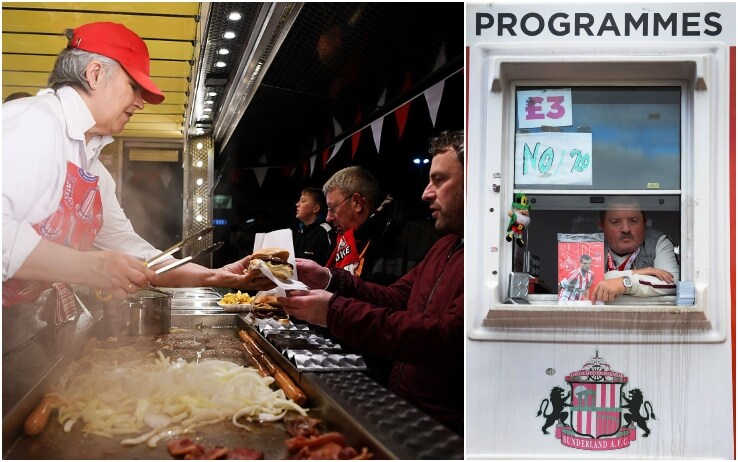 Alcuni tifosi comprano panini prima di Stoke City-Southampton di Premier. A fianco un venditore di "programme" davanti allo stadio del Sunderland