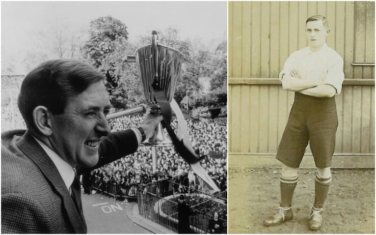 A sinistra Danny Blanchflower solleva la Coppa delle Coppe del 1963; a destra Max Seeburg, primo straniero a giocare in Inghilterra