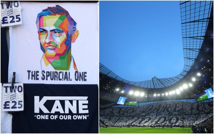 A sinistra una maglietta che raffigura l'attuale manager degli Spurs Mourinho; a destra una coreografia nel nuovo stadio del Tottenham