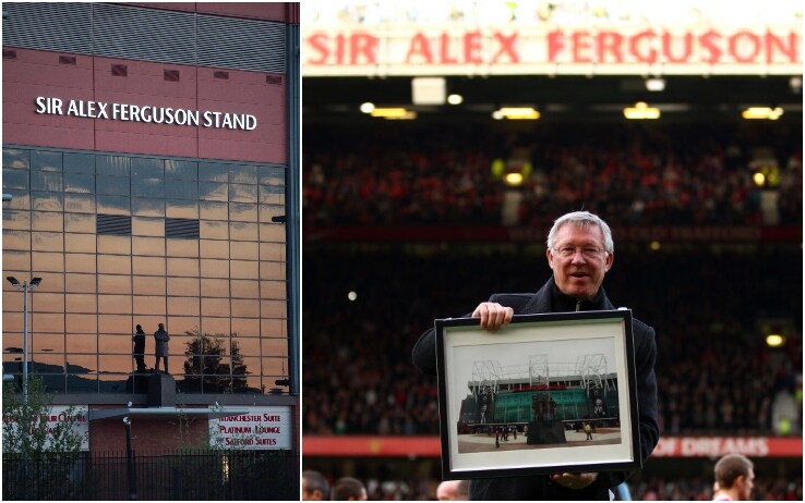 A sinistra l'esterno della Sir Alex Ferguson Stand a Old Trafford; a destra il manager scozzese di fronte alla tribuna a lui dedicata