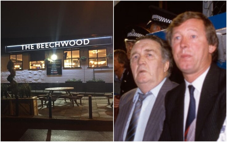 A sinistra il Beechwood Restaurant vicino ad Hampden Park; a destra Ferguson accanto a Jock Stein