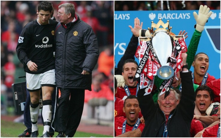 Ferguson a colloquio con un giovanissimo Cristiano Ronaldo nel 2005; a fianco il manager alza il trofeo della Premier 2013, l'ultima con i Red Devils