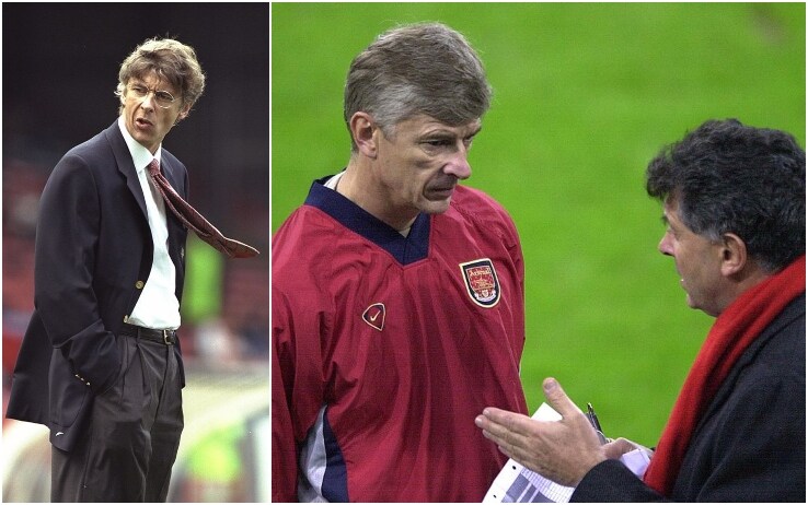 A sinistra Wenger con gli occhiali durante un match del 1996; a destra il manager francese con David Dein nel 2001