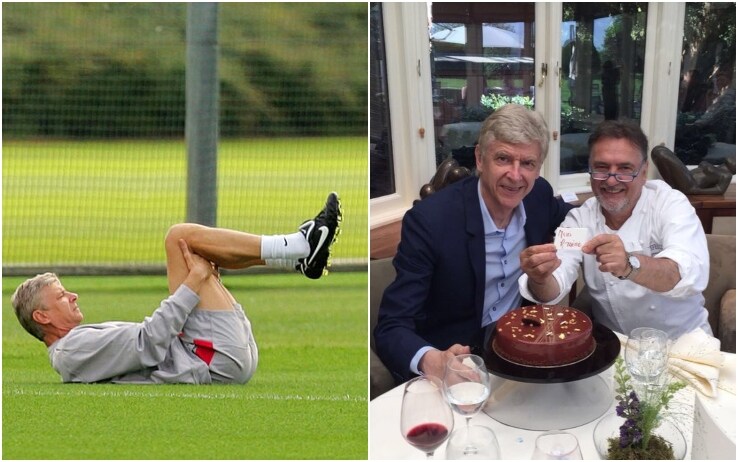 Wenger e lo stretching, una delle sue ossessioni; a fianco l'ex manager dell'Arsenal con Raymond Blanc, chef director del ristorante "Diamond Club" all'Emirates
