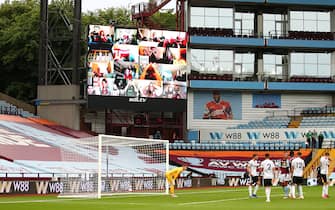 BIRMINGHAM, ENGLAND - JUNE 17: General view inside the stadium as Aston Villa fans watching at home are displayed on the Big Screen, as they react to a missed chance from Aston Villa during the Premier League match between Aston Villa and Sheffield United at Villa Park on June 17, 2020 in Birmingham, United Kingdom. (Photo by Marc Atkins/Getty Images)