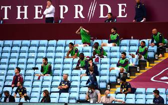BIRMINGHAM, ENGLAND - JUNE 17: The Aston Villa bench are seen sitting in the stands prior to the Premier League match between Aston Villa and Sheffield United at Villa Park on June 17, 2020 in Birmingham, England. (Photo by Shaun Botterill/Getty Images)