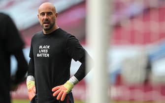 BIRMINGHAM, ENGLAND - JUNE 17: Pepe Reina of Aston Villa warms up in a Black Lives Matter t-shirt following protests and the death of George Floyd in America prior to the Premier League match between Aston Villa and Sheffield United at Villa Park on June 17, 2020 in Birmingham, United Kingdom. (Photo by Matthew Ashton - AMA/Getty Images)